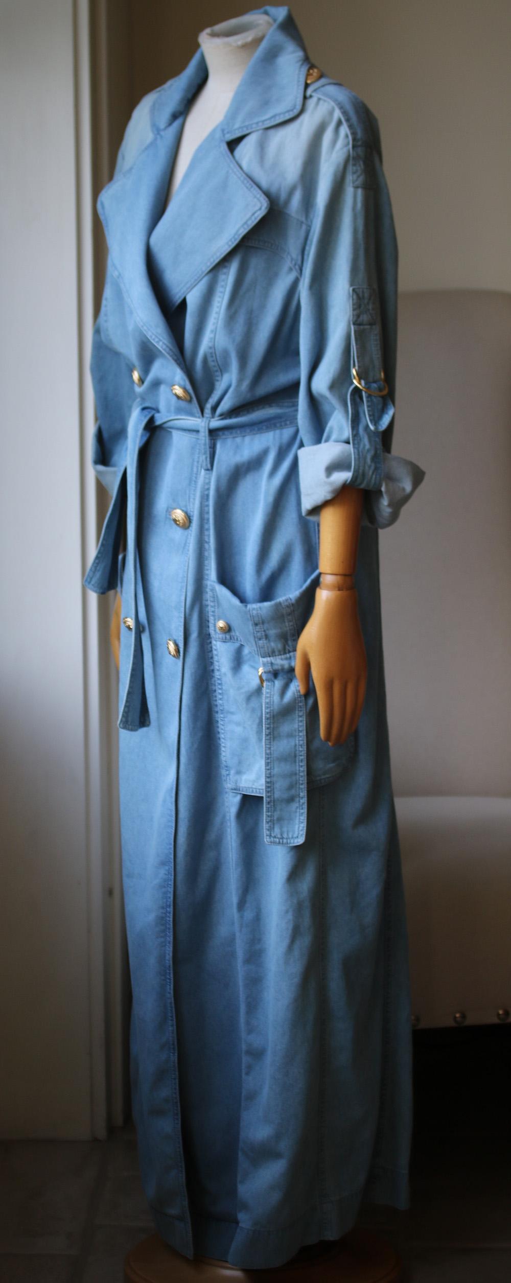 Blue Balmain Double-Breasted Denim Trench Coat