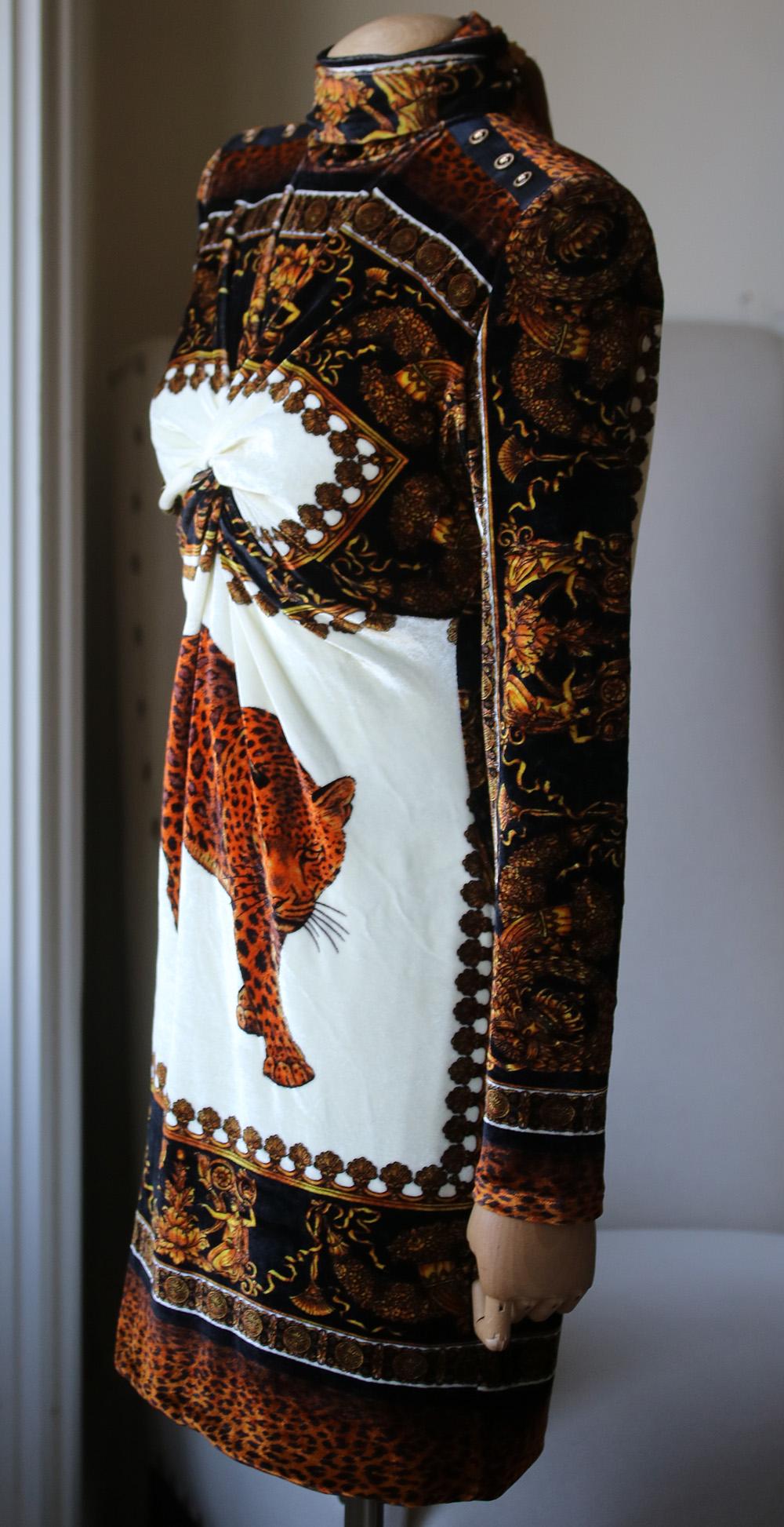 Brown Versace Printed Velvet Turtleneck Mini Dress 