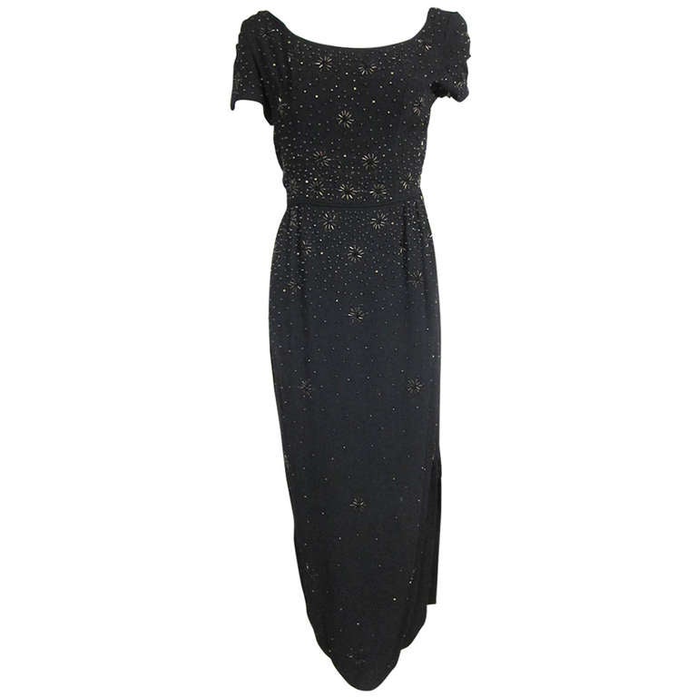 1940s 50s  Hollywood Glamor Black & Bronze Heavily Beaded Star Burst Gala Dress For Sale