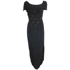 1940s 50s  Hollywood Glamor Black & Bronze Heavily Beaded Star Burst Gala Dress