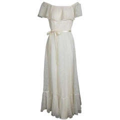Romantic Lace Off Shoulder Flounce Satin Ribbon Beach Garden Wedding Dress
