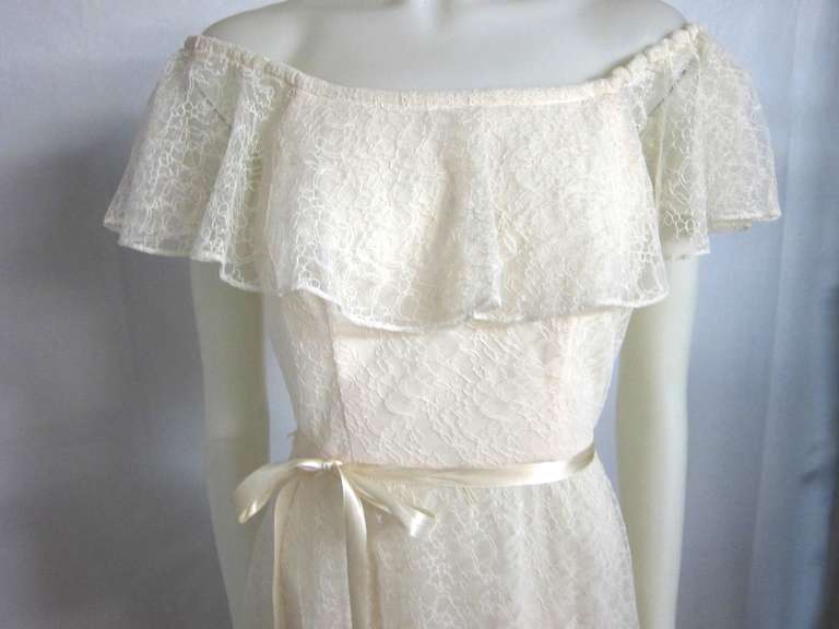Women's Romantic Lace Off Shoulder Flounce Satin Ribbon Beach Garden Wedding Dress For Sale