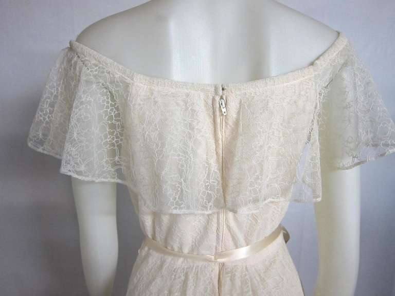 Romantic Lace Off Shoulder Flounce Satin Ribbon Beach Garden Wedding Dress For Sale 1