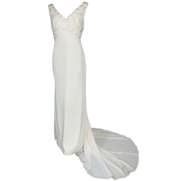 1990 Beaded Sequin V Empire Creamy White w Subtel Train Party Wedding Dress For Sale