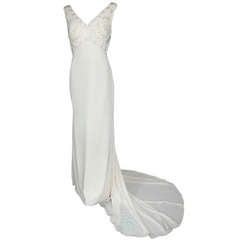 1990 Beaded Sequin V Empire Creamy White w Subtel Train Party Wedding Dress