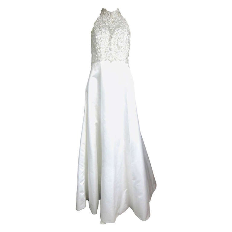 1990 Faux Pearl Beaded Sweetheart Illusion White Satin Wedding Dress For Sale
