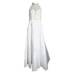 1990 Faux Pearl Beaded Sweetheart Illusion White Satin Wedding Dress