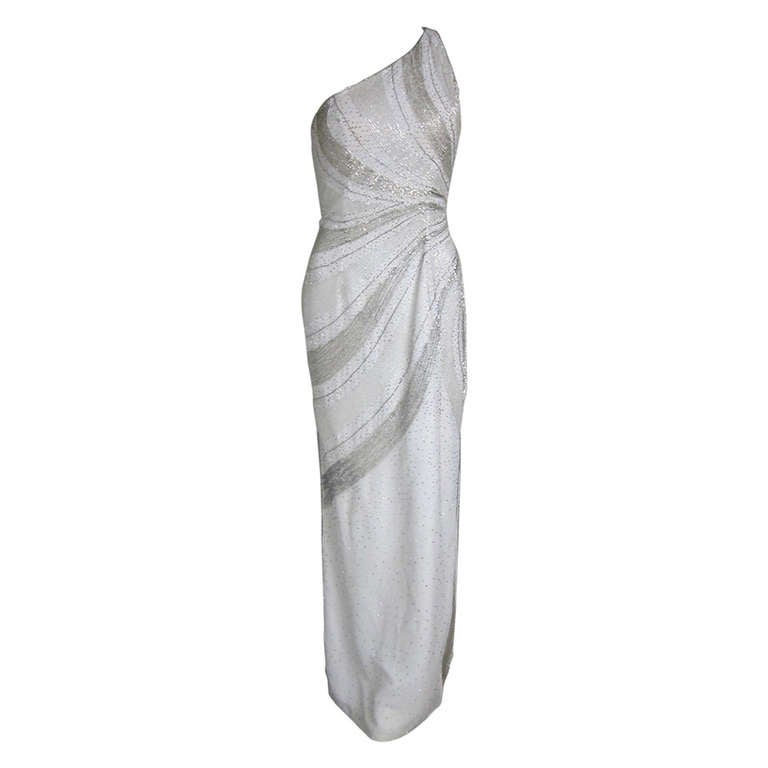 Silver Rapture Beaded & White One Shoulder Column Gala Wedding  Dress For Sale