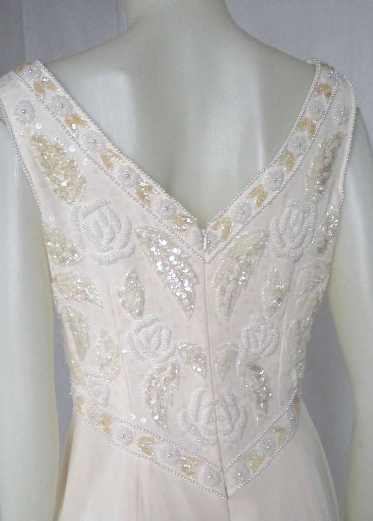 Women's 1990 Beaded Sequin V Empire Creamy White w Subtel Train Party Wedding Dress For Sale