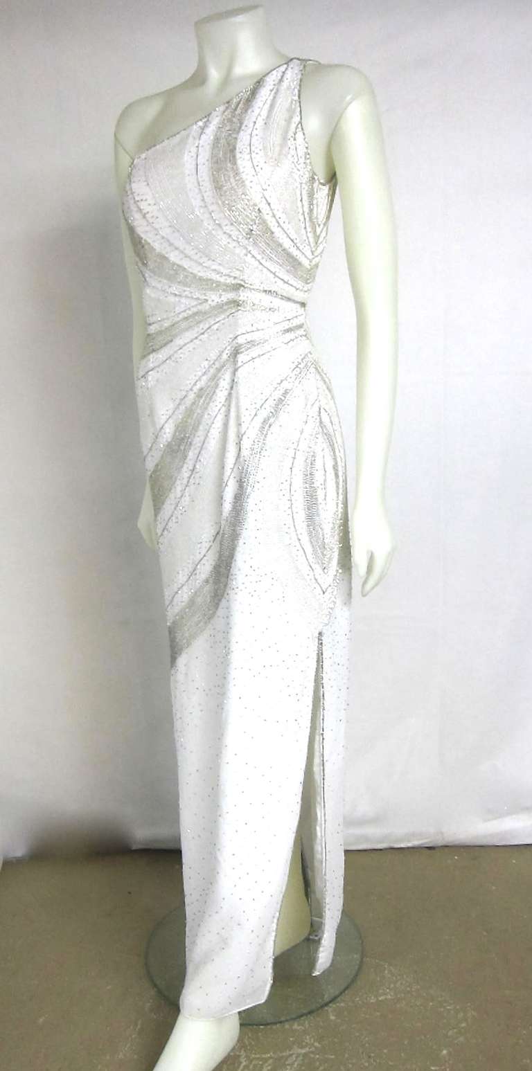 Silver Rapture Beaded & White One Shoulder Column Gala Wedding  Dress In Good Condition For Sale In San Francisco, CA