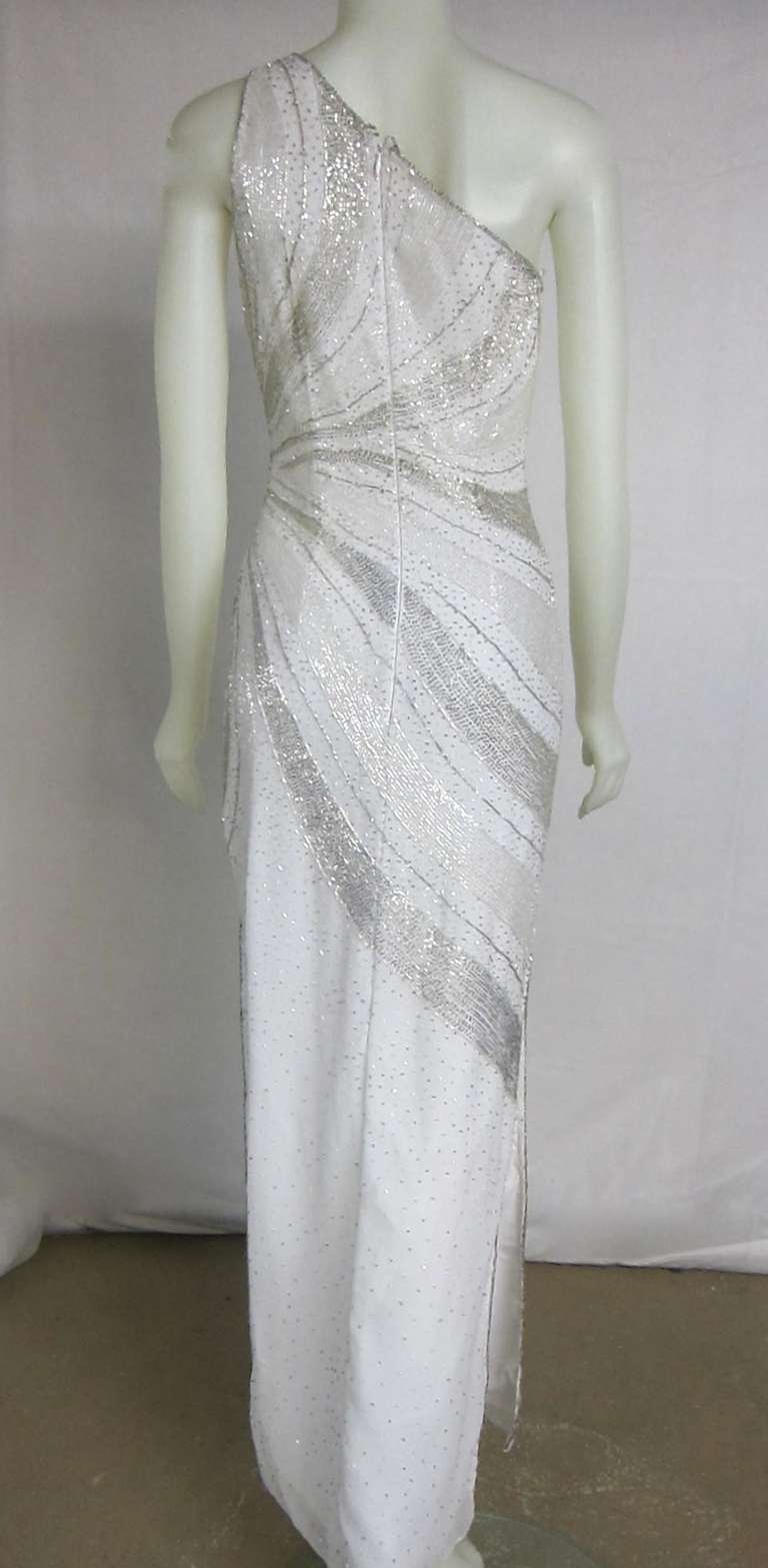 Silver Rapture Beaded & White One Shoulder Column Gala Wedding  Dress For Sale 1