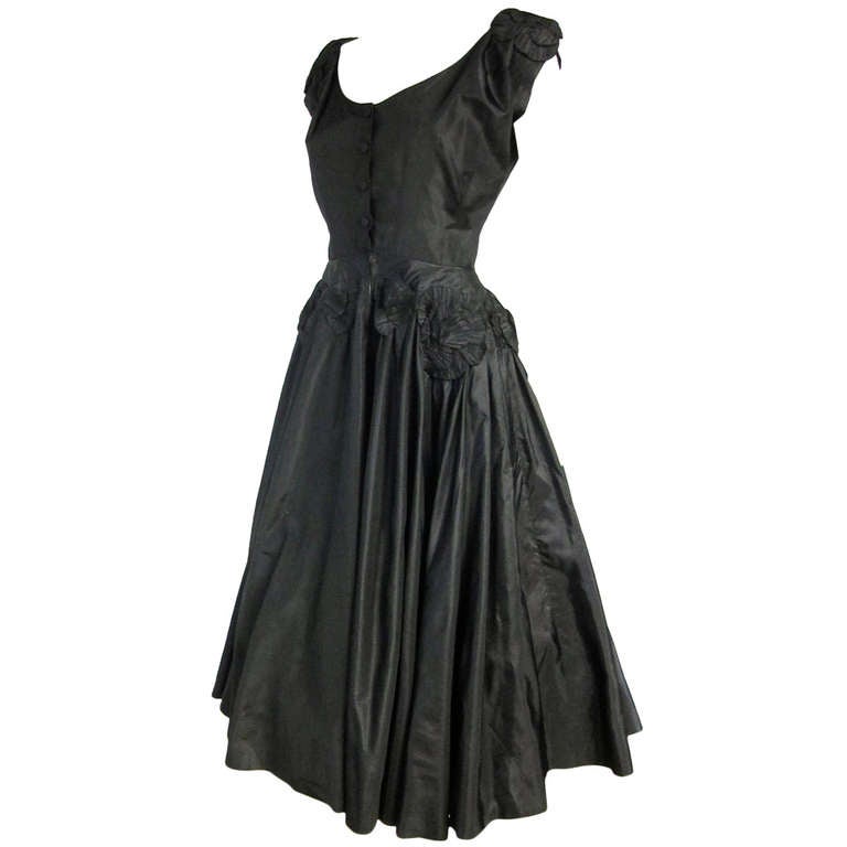 1950s Gorgeous Silk Taffeta w Hand Made Flowers (rare) Black Party Dress For Sale