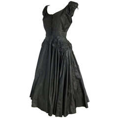 1950s Gorgeous Silk Taffeta w Hand Made Flowers (rare) Black Party Dress