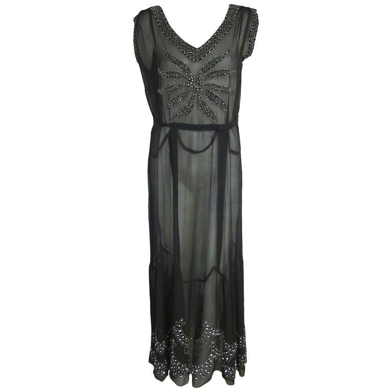 1930s Starlet Heavily Beaded & Rhinestone Encrusted Formal Gala Dress-LARGE! For Sale