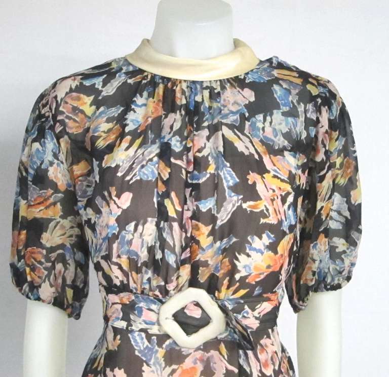 1930s Sheer Floral Chiffon  2 Piece Tunic Dress w Matching Belt In Good Condition For Sale In San Francisco, CA