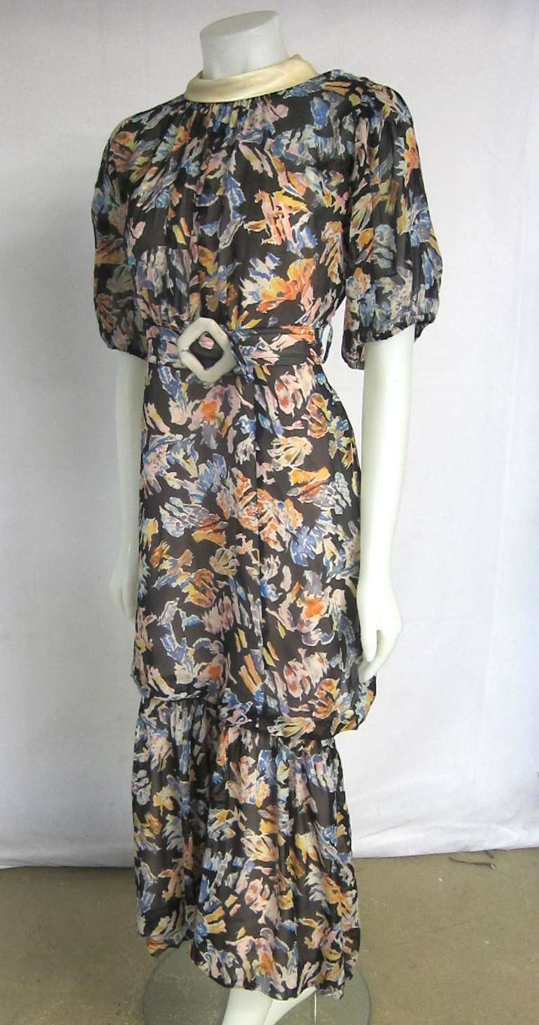 1930s Sheer Floral Chiffon  2 Piece Tunic Dress w Matching Belt For Sale 1