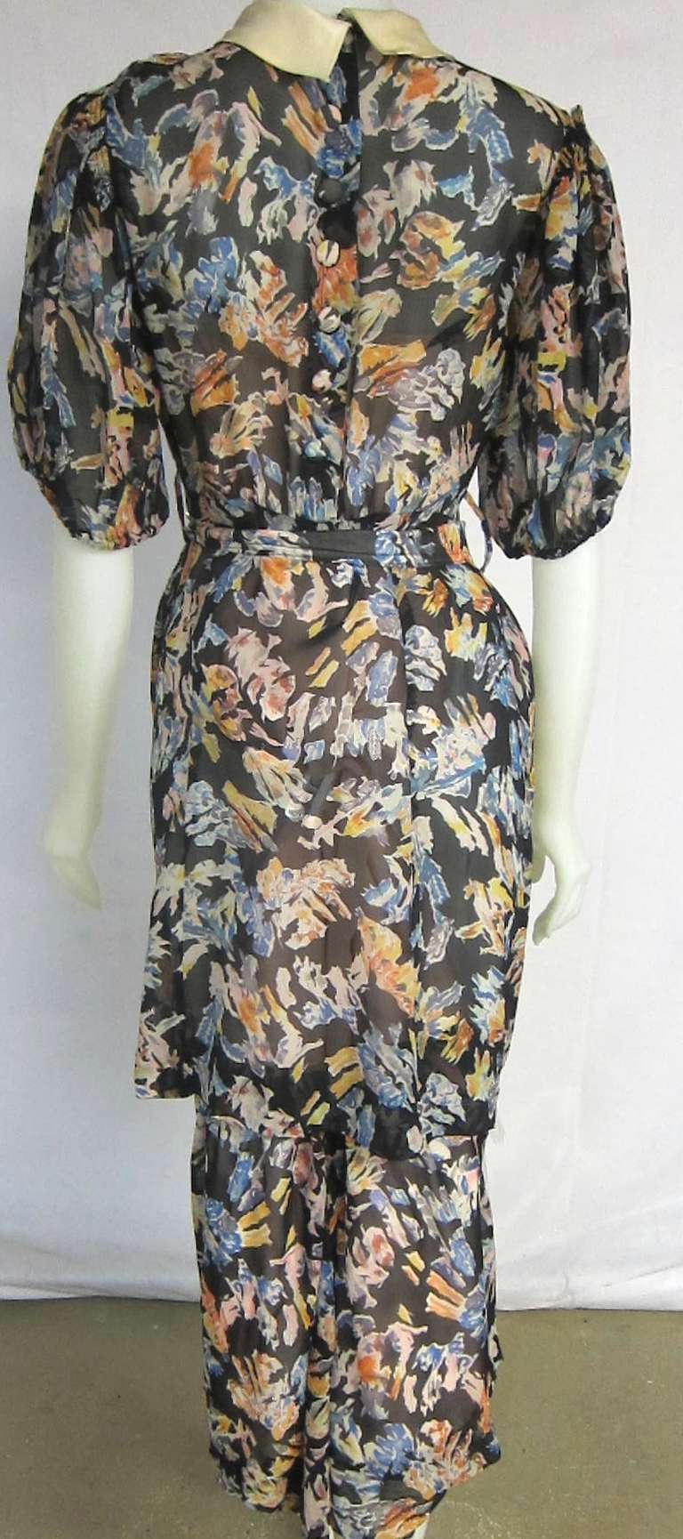 1930s Sheer Floral Chiffon  2 Piece Tunic Dress w Matching Belt For Sale 3