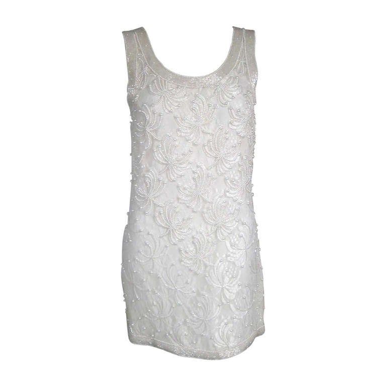 1990s Blush White Lace Beaded & Pearls Mini Dress w Matching Jacket-Wedding! For Sale