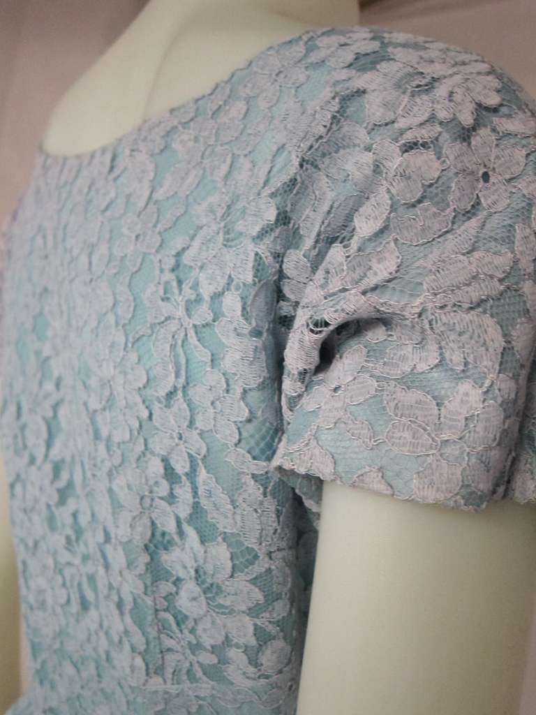 1950s Blue Lace w Hint of Pink Party Wedding Dress Big Bow For Sale 1