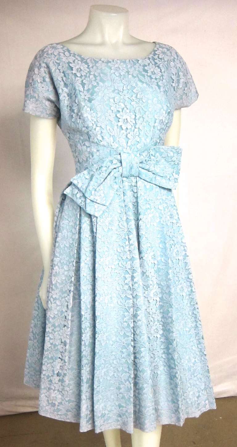 1950s Blue Lace w Hint of Pink Party Wedding Dress Big Bow For Sale 3