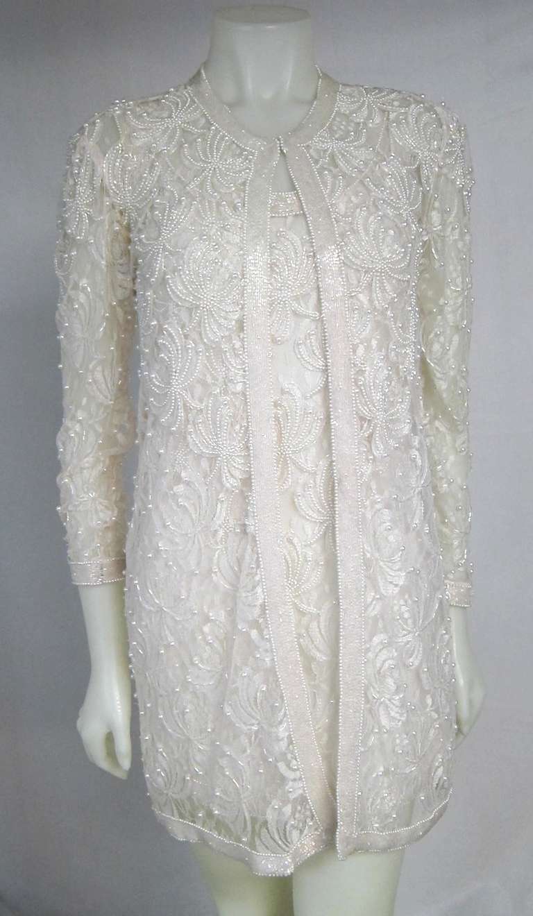 1990s Blush White Lace Beaded & Pearls Mini Dress w Matching Jacket-Wedding! For Sale 1