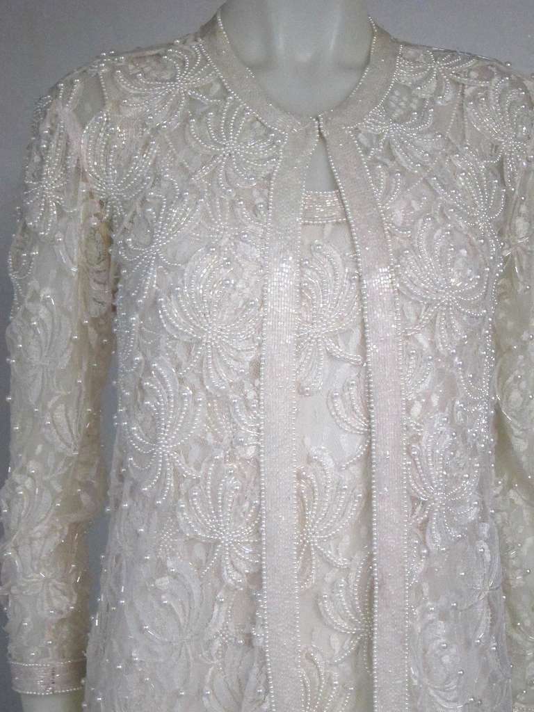 1990s Blush White Lace Beaded & Pearls Mini Dress w Matching Jacket-Wedding! For Sale 2