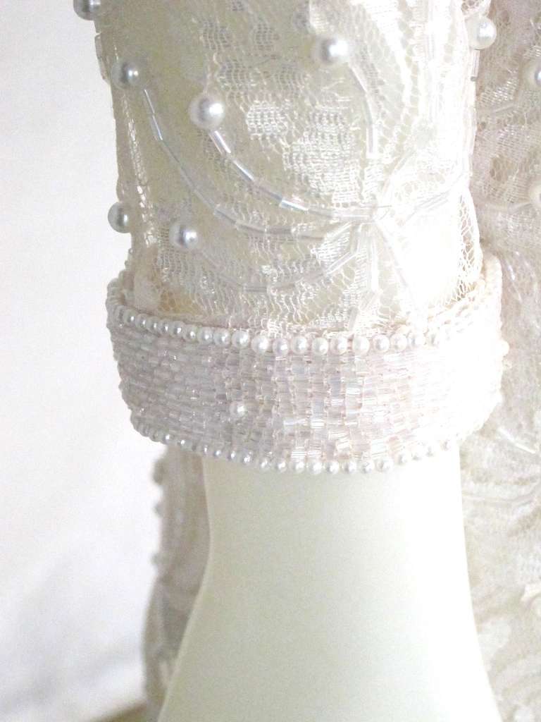 1990s Blush White Lace Beaded & Pearls Mini Dress w Matching Jacket-Wedding! For Sale 4