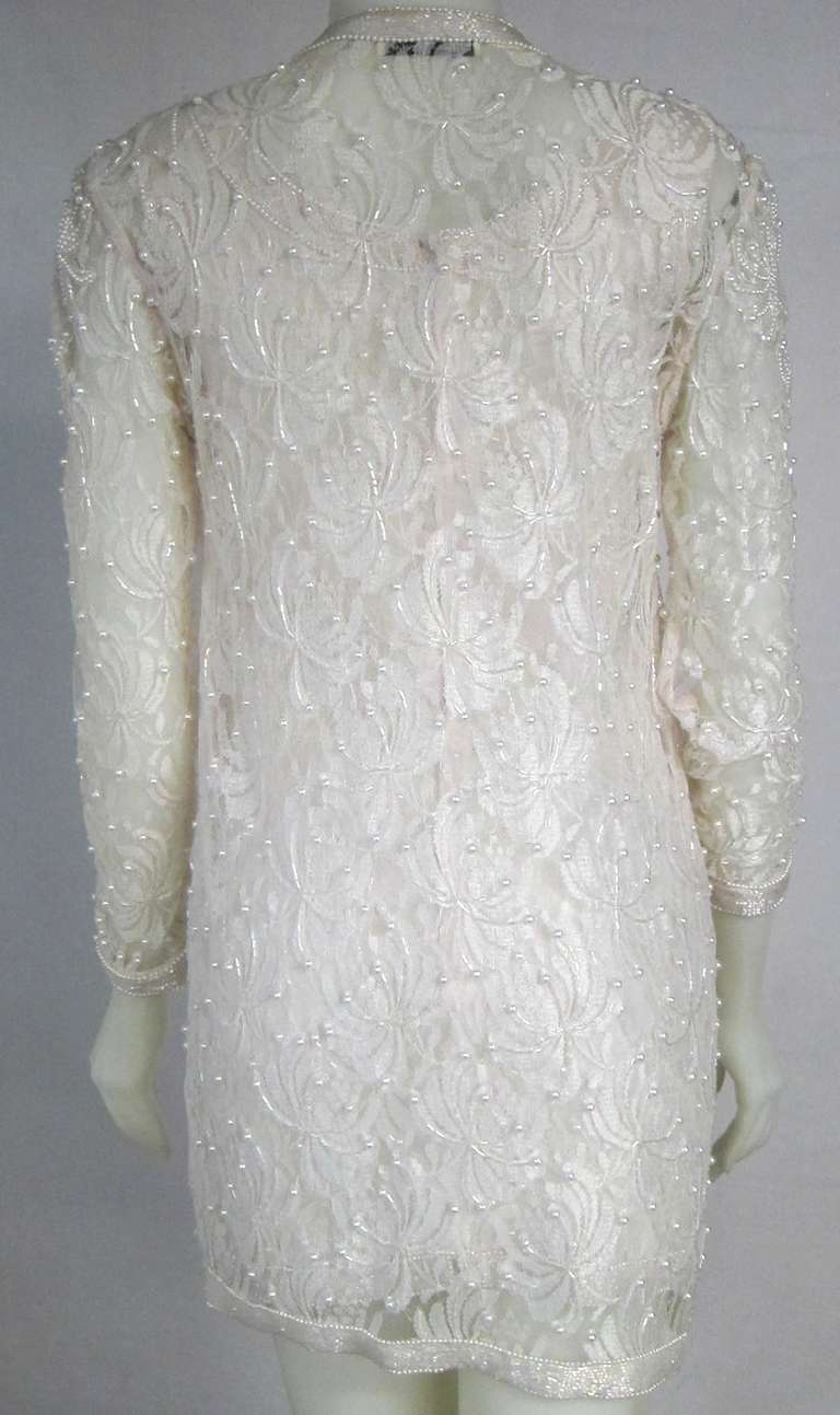 1990s Blush White Lace Beaded & Pearls Mini Dress w Matching Jacket-Wedding! For Sale 3