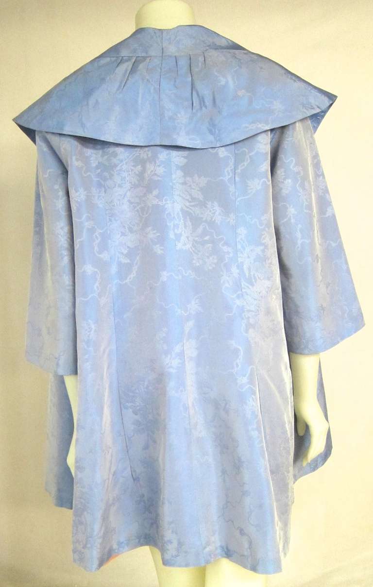 Women's 1950s Iridescent Sky Blue Taffeta Brocade  Opera Swing Coat Pink Lining! For Sale