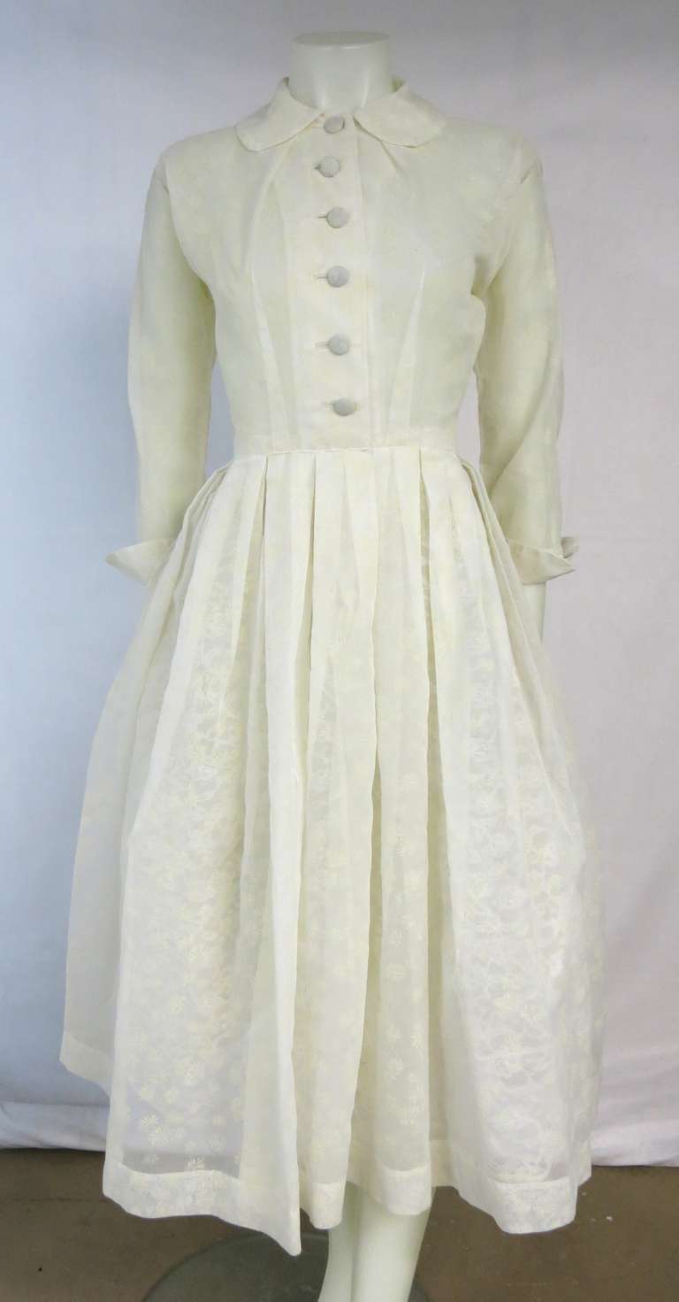 1950 Sheer Cream Flocked Shirt Waist Dress -Button Up front Turn up Sleeves In Excellent Condition For Sale In San Francisco, CA