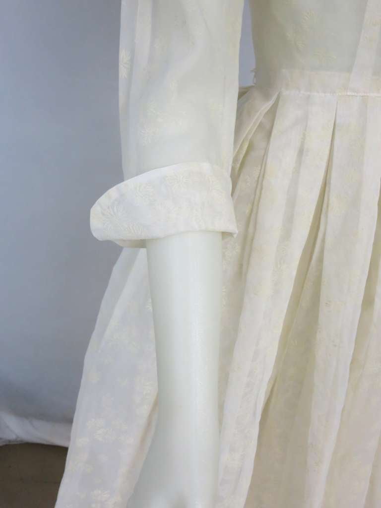 Women's 1950 Sheer Cream Flocked Shirt Waist Dress -Button Up front Turn up Sleeves For Sale