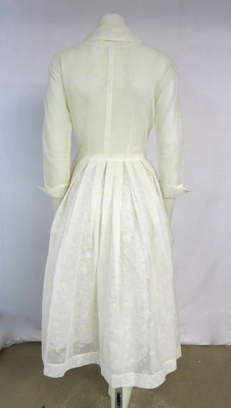 1950 Sheer Cream Flocked Shirt Waist Dress -Button Up front Turn up Sleeves For Sale 2