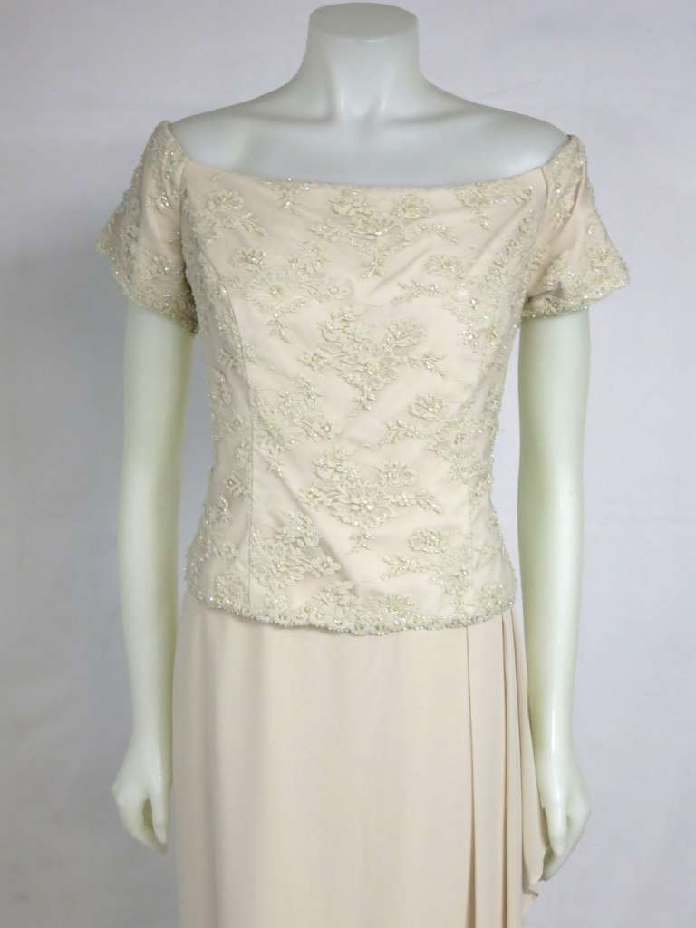 1990 Cream Blush  Beaded Lace Chiffon Side Sash Formal Mother of the Bride Dress In Excellent Condition For Sale In San Francisco, CA