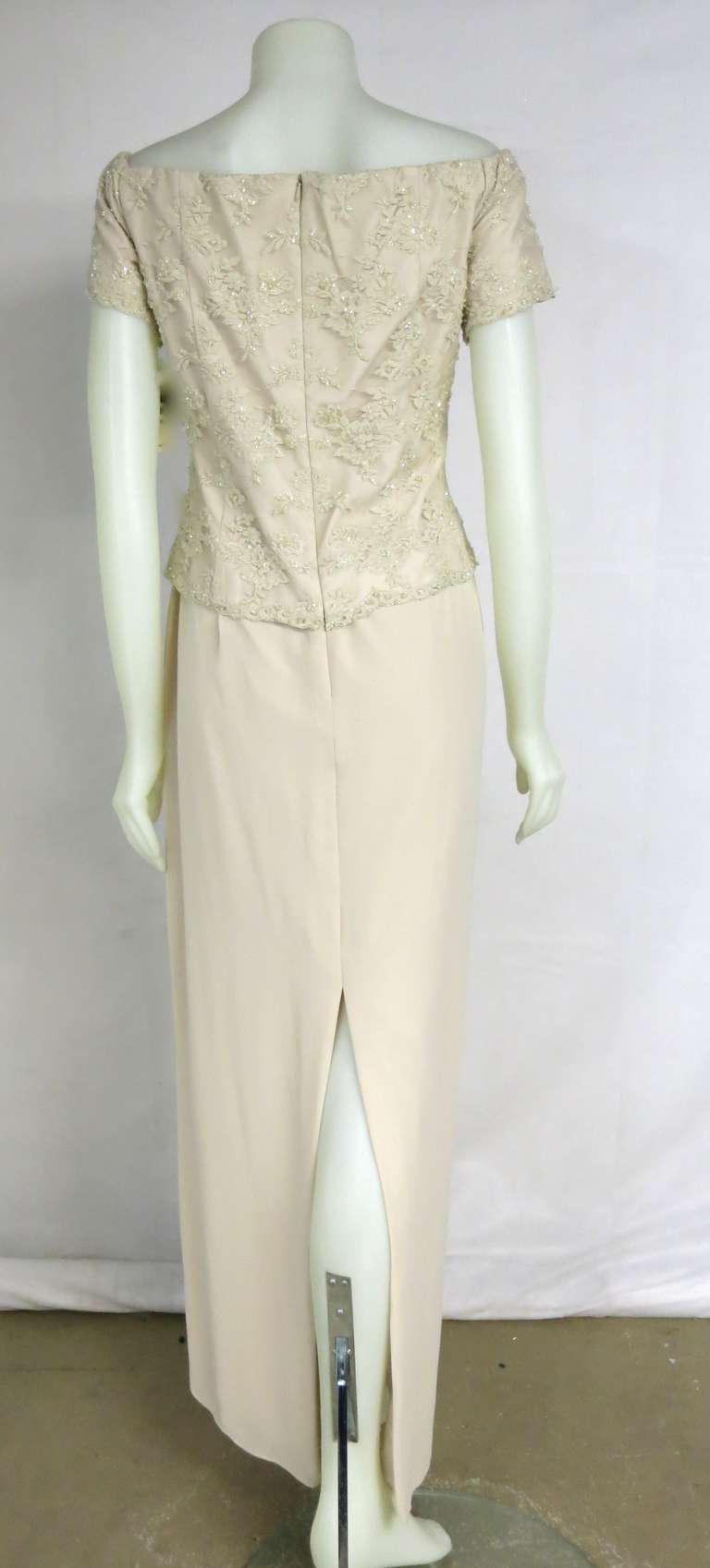 1990 Cream Blush  Beaded Lace Chiffon Side Sash Formal Mother of the Bride Dress For Sale 1