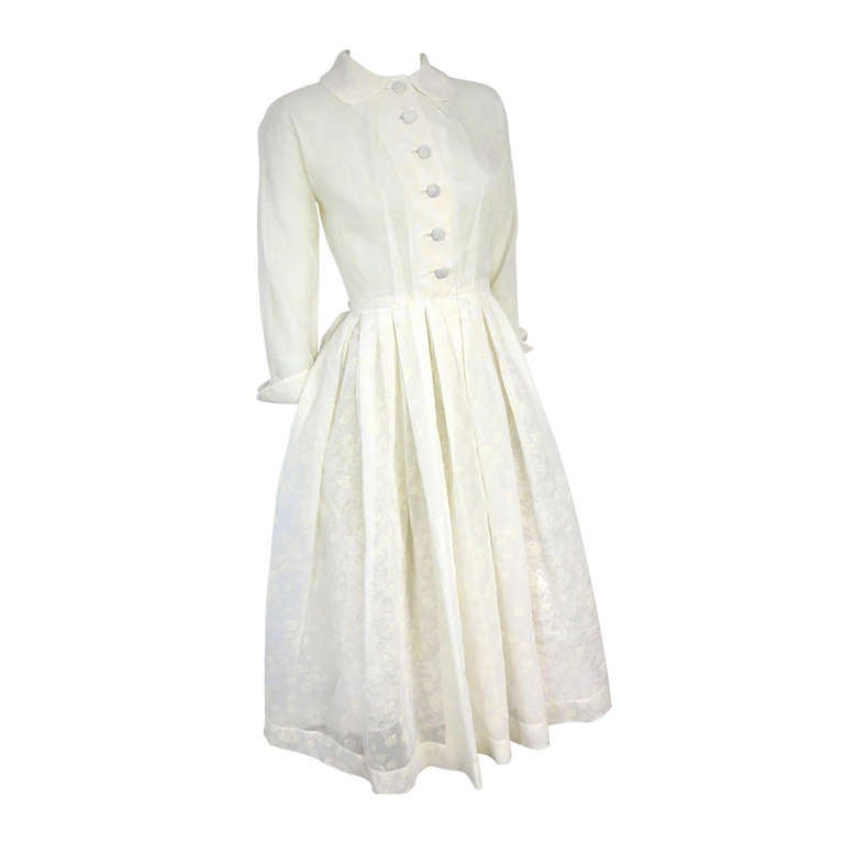 1950 Sheer Cream Flocked Shirt Waist Dress -Button Up front Turn up Sleeves For Sale