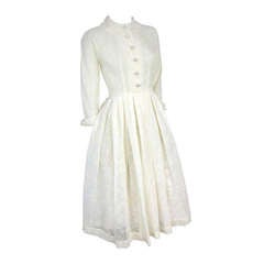 1950 Sheer Cream Flocked Shirt Waist Dress -Button Up front Turn up Sleeves