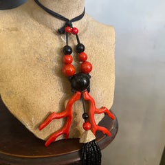 1990s Costume Jewelry Black and Red wood and beads Italian Necklace