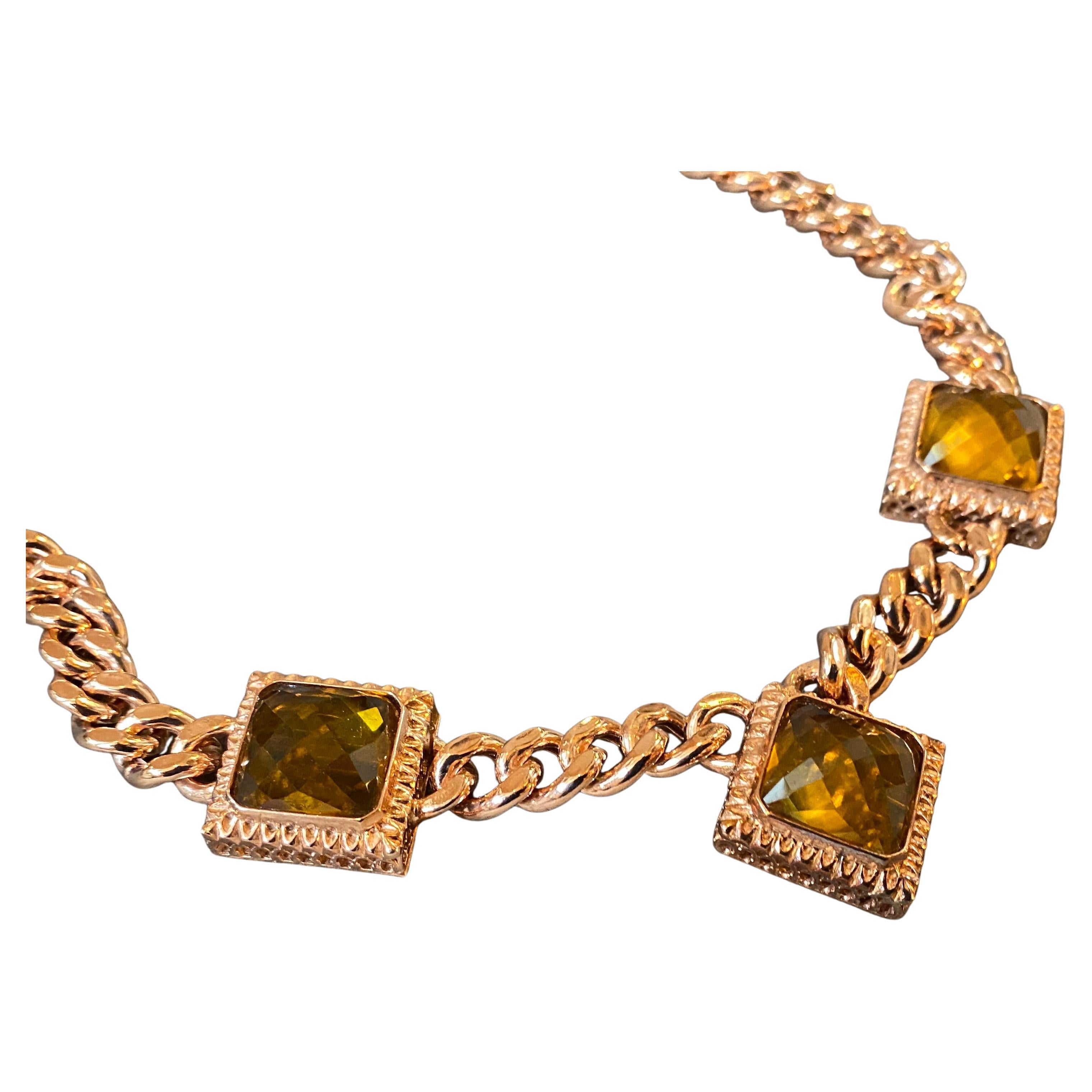 Collana italiana in argento dorato e quarzo idrotermale quadrato degli anni '90 in vendita