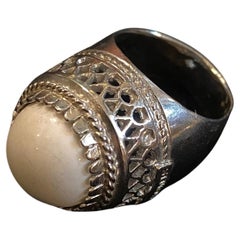 1990s Sterling Silver and  White Cabochon Agate Italian Cocktail Ring by Anomis
