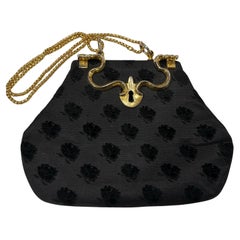 Vintage 1980s Luxury Black Fabric and Brass Italian Top Hand Bag by Roberta di Camerino