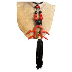 1990s Costume Jewelry Black and Red wood and beads Italian Necklace
