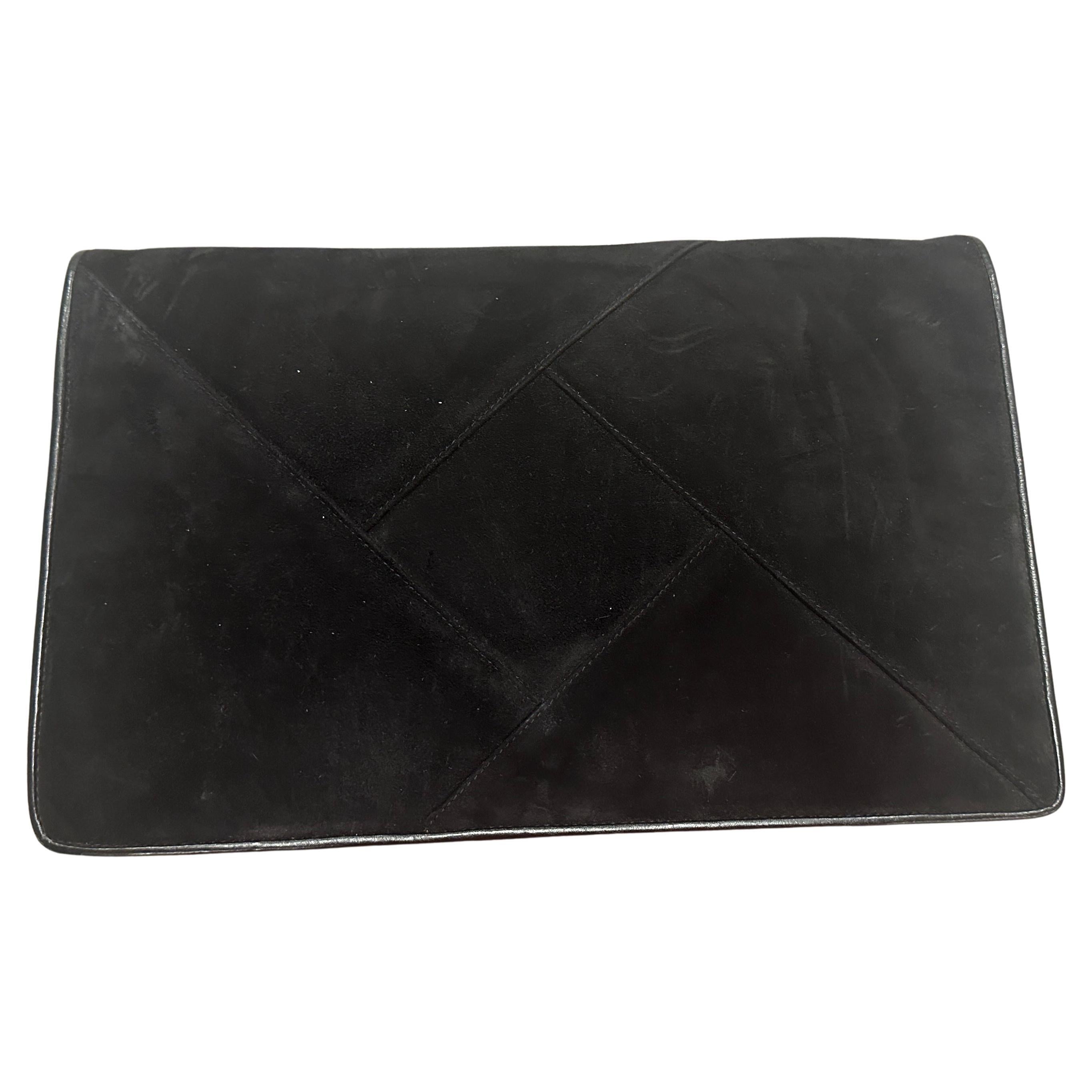 Vintage 1980s Italian Black Cut Velvet Leather Women's Clutch Bag