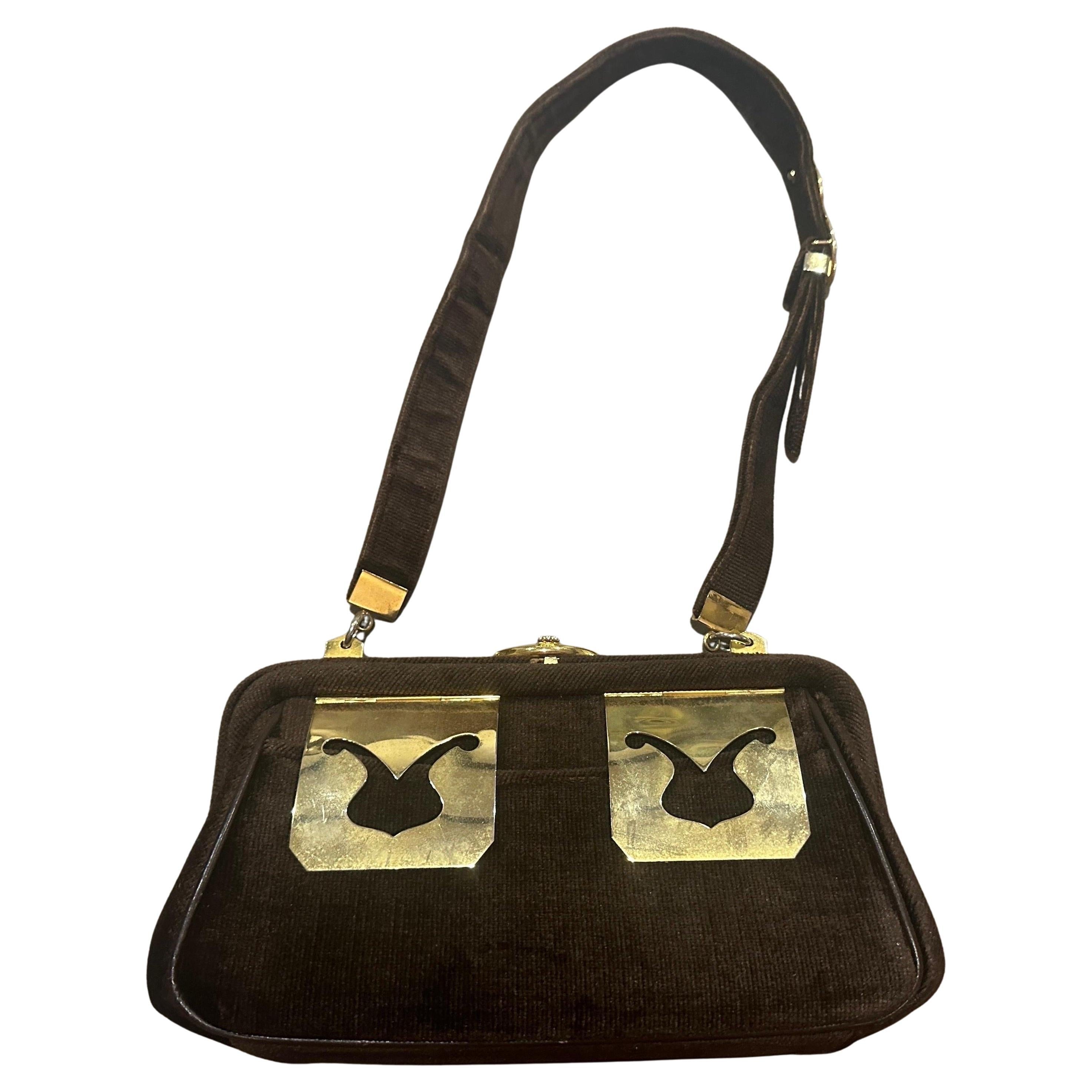 Incredibile borsa da sera italiana in velluto marrone e hardware in ottone degli anni '80