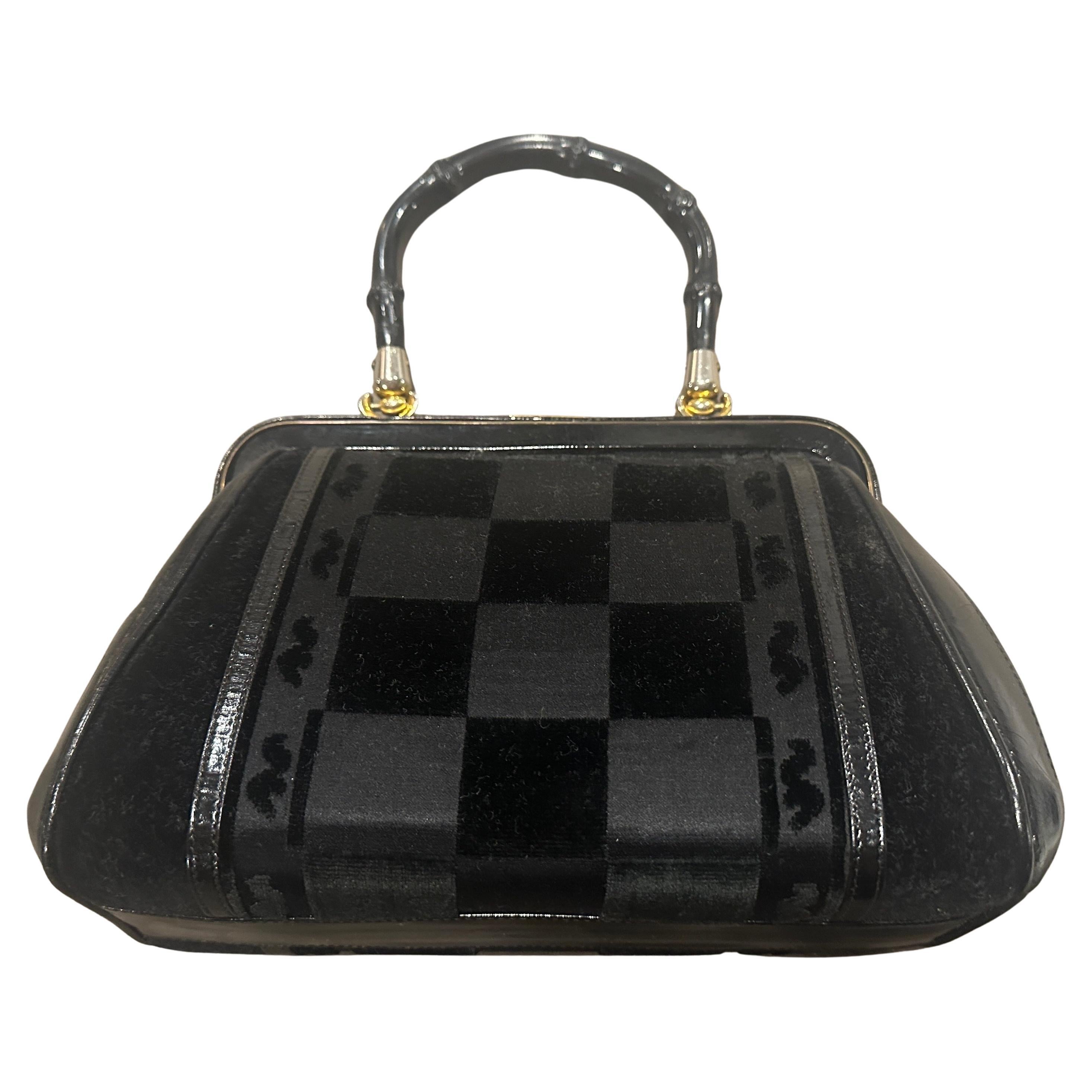 1940s Art Deco Black Leather, Velvet and Bamboo Italian Hand Bag