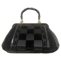 1940s Art Deco Black Leather, Velvet and Bamboo Italian Hand Bag