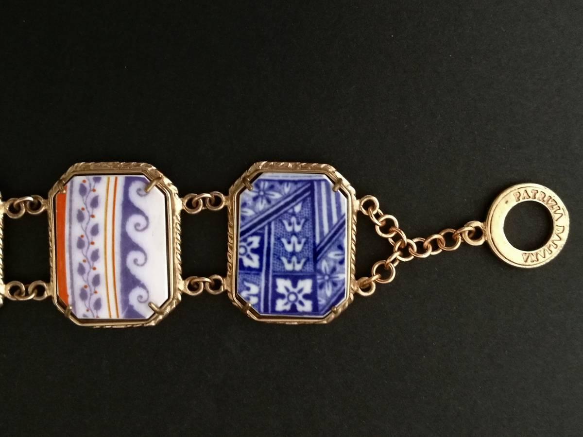 Bronze Bracelet with Old Porcelain Inserts. Porcelain inserts have been taken from old Regency and Victorian items and cut by an expert craftman. The Bracelet is made in Florenze by goldsmith craftman and marked Patrizia Daliana, an Italian Jewelry