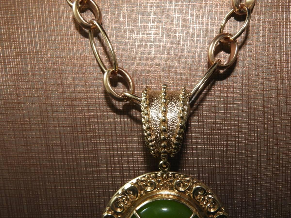 Classical Roman bronze chain and greenpaste glass cabochon pendant by Patrizia Daliana