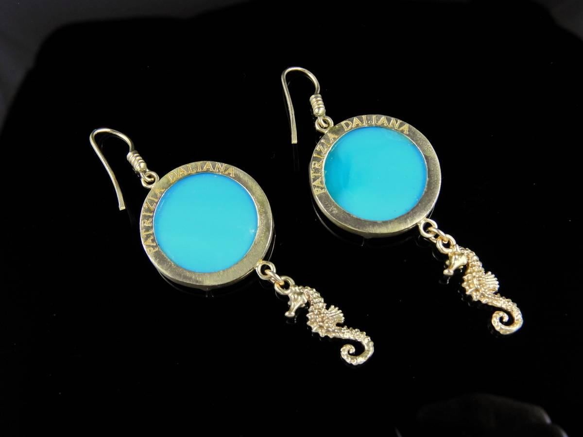 bronze and turquoise engraved paste glass earrings by Patrizia Daliana In Excellent Condition In Aci Castello, IT