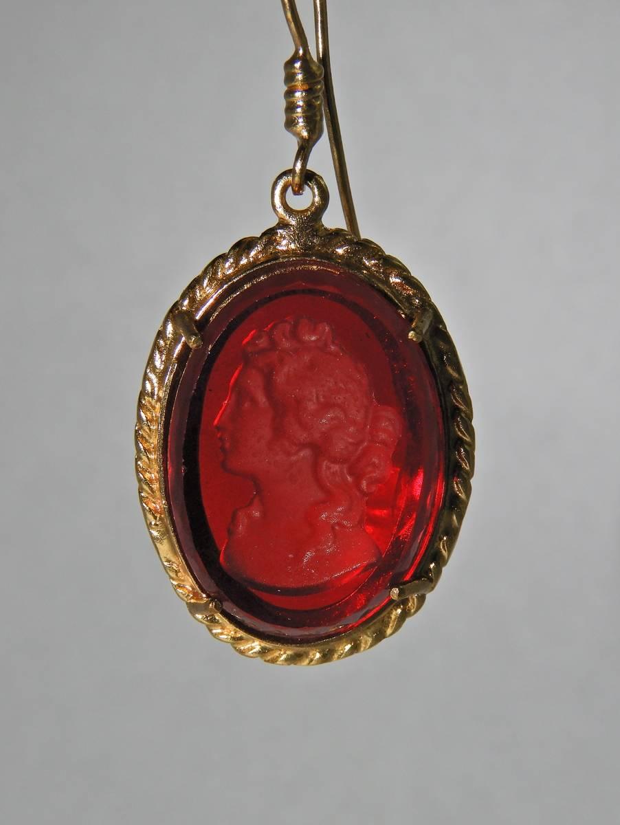 Neoclassical bronze and red engraved Murano glass earrings by Patrizia Daliana