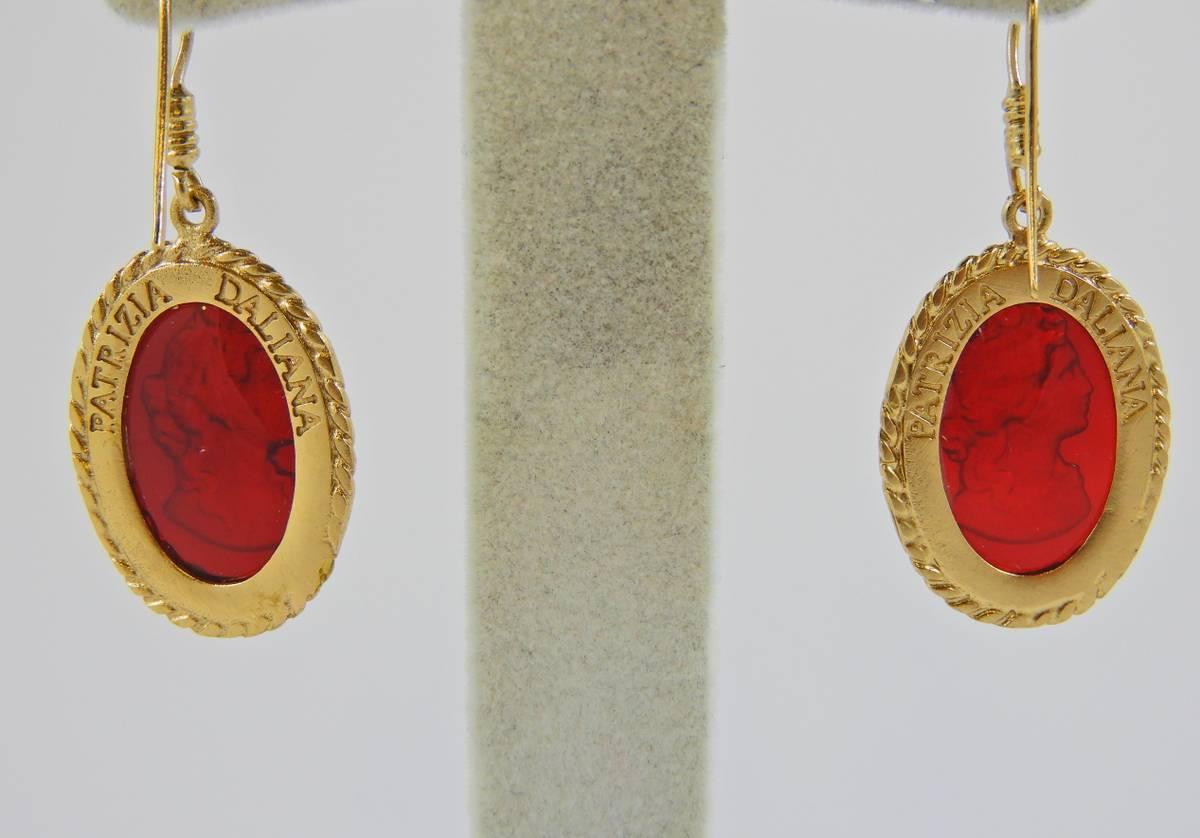 Women's or Men's bronze and red engraved Murano glass earrings by Patrizia Daliana